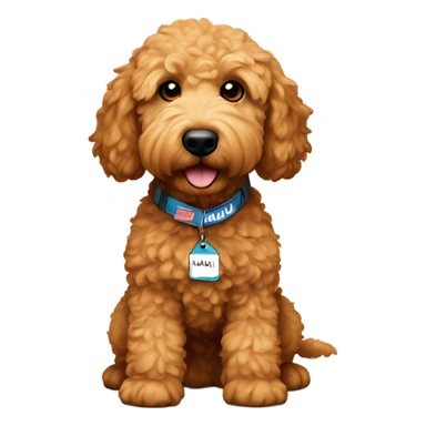 Mini brown golden doodle with a name tag that says Maui sticker