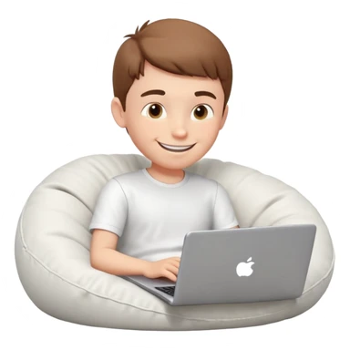 3D head of a smiling boy sitting on a bean bag and typing on a laptop. Head slowly rotates in a circle. he is wearing a white shirt. "RADMAN" is written on the base. Cozy interior light, front view, seamless circle sticker