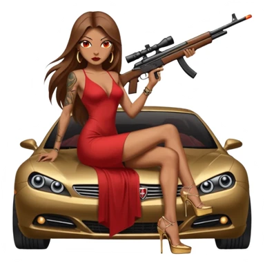 Lilith tan skinfemale red eyes symbol. Tattoo arms. Her hair is brown straight long hair.wearing sexy long  erotic dress with slit. black stiletto platform high heels shoes on. Sitting on gold giant luxury car with cash surrounding her. She is holding a sniper rifle in one hand cash in other hand sticker