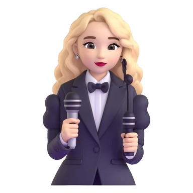 Sabrina Carpenter in a fancy pink outfit with a microphone sticker