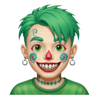 very colorful puffy green haired man made out of candy wearing teeth-braces and excessive face tattoos and excessive piercing just face  sticker
