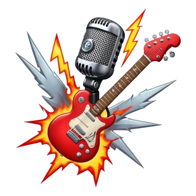 Create a bold and dynamic emoji representing rock vocal performance in a humanless collage. The design should feature a vintage microphone at the center, surrounded by key rock elements like an electric guitar, drumsticks, and a guitar pick. Include symbols of energy, such as lightning bolts or flames, and subtle musical notes or sound waves to evoke the raw power of rock vocals. Use dark, bold colors like black, silver, and red, with hints of chrome or metallic accents to convey the edgy, rebellious spirit of rock music. The background should be transparent. sticker