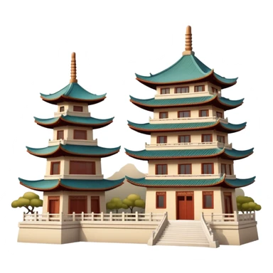 Traditional Chinese architecture with pagoda roofs, natural colors, balanced tones, classic emoji style sticker