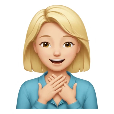 Happy blonde girl with eyes closed and mouth wide open and hands cupped around her neck - her eyes are squinty with excitment mo sticker