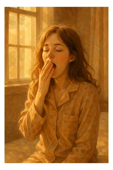 a brown-haired girl in pajamas yawning, sunlight coming through the window, warm morning atmosphere sticker