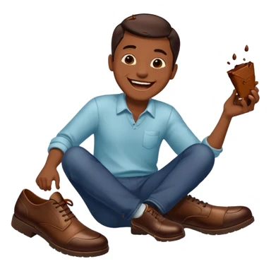 Man laughing with chocolate stain on shoe sticker