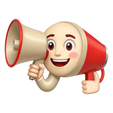 beige and red megaphone with a friendly smiling face sticker