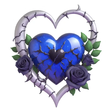 gothic heart mended with silver stitches, midnight blue glass, silver crescent moon, black roses, shimmering stardust, lightning bolt, rain-soaked, cracked glass, dramatic style sticker