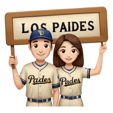*White* Smiling couple. Woman has big cheeks and a lot of freckles on the nose. long brown hair. Man has black and very short hair and prominent eyebrows with egipcian nose. Both are wearing “Los Padres” baseball jerseys and with a sign that says “Go Padres!” sticker