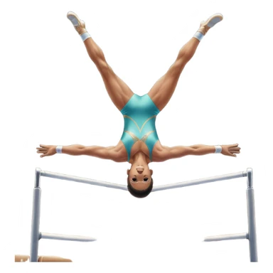 Professional gymnast performing a dynamic routine on parallel bars, captured mid-air in an elegant flip. The background features a well-lit gymnastics arena with a cheering audience. The athlete's posture and expression convey strength, control, and perfect coordination. sticker