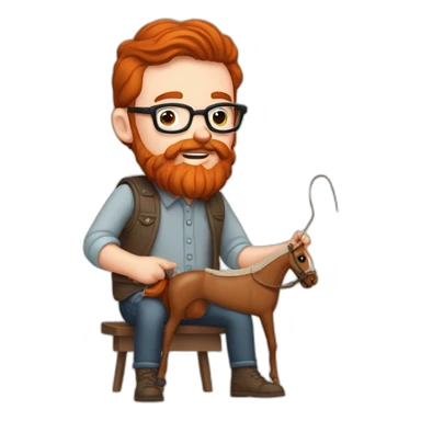 Red smooth haired man with beard and glasses hand sewing a horse saddle with needle and thread sticker