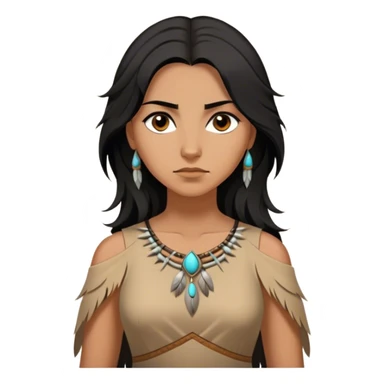 Cinematic Stunning Pocahontas Portrait Emoji, Windswept raven hair flowing behind her, deep brown eyes filled with wisdom and strength, glowing sun-kissed skin, wearing her elegant tan dress, the spirit of the wild in her expression, breathtakingly majestic! sticker