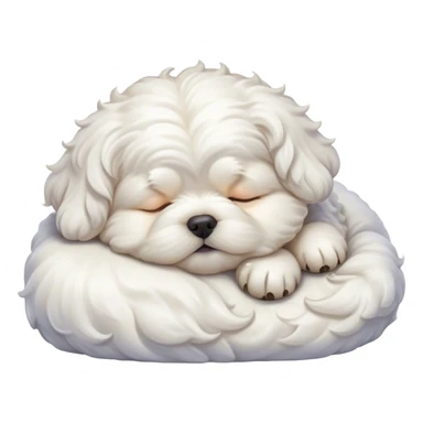 Cinematic Chubby Sleeping Wavy-Haired Maltese dog Portrait Emoji, Chubby and serene, with a round, adorable build and a soft, wavy-haired white coat, eyes gently closed in peaceful slumber, Simplified yet irresistibly endearing features, highly detailed, glowing with a gentle, dreamy glow, high shine, relaxed and content, stylized with a touch of whimsy, bright and heartwarming, soft glowing outline, capturing the essence of a blissfully sleepy companion, so comically serene it feels like it could roll out of the screen and snore with adorable charm! sticker