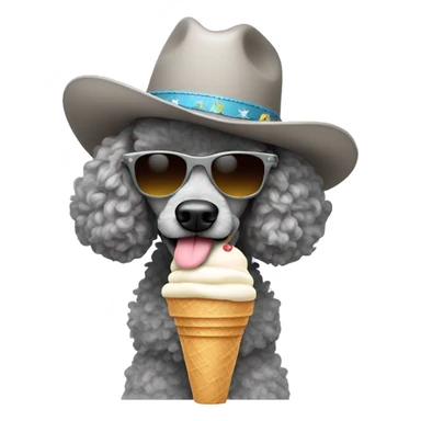 Grey poodle with sunglasses wearing cowboy hat eating ice cream sticker