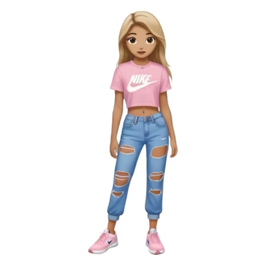 preppy teenage girl, tan, less blonde highlights, brown long hair, long eyelashes, beach aesthetic, wearing cute clothes, wearing ripped blue long baggy jeans with a light pink sexy crop top, wearing Nike shoes, very sexy, very long eyelashes, very pretty sticker