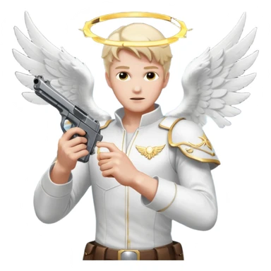 male Angel dual-wielding pistols, shooting, dynamic action pose, glowing wings, no background














 sticker