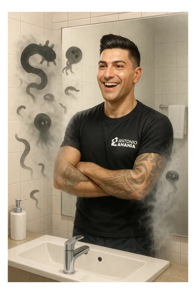 a man stands in a brightly lit bathroom, looking relieved and revitalized as he examines his reflection in the mirror. In the foreground, stylized, shadowy images of parasites (such as worms or protozoa) are shown leaving his body, dissolving into mist or fading away. His posture is upright and his expression is one of newfound energy and health. sticker