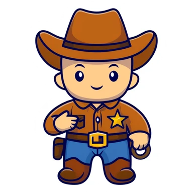 A cartoon stuffed baby cowboy toy with star-shaped patches and a little sheriff badge sticker