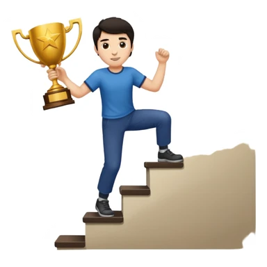 A man with fair skin and dark hair is climbing stairs to grab a trophy sticker