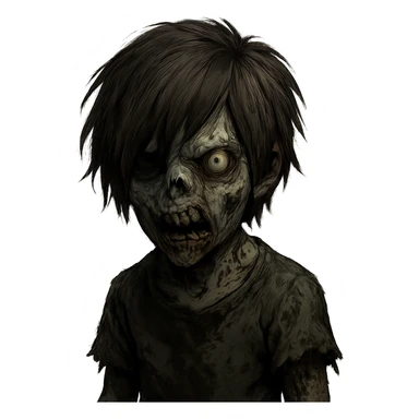 boy zombie with brown shaggy emo hair, medium length, dark and spooky, scary expression sticker