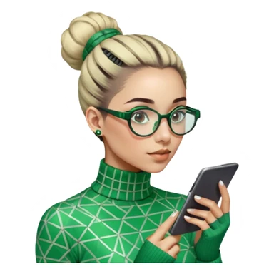 Gender: Non-binary Hair: Tight bun secured with calculator-shaped hairpin Face: Glasses reflecting scrolling green data streams Clothes: Geometric-patterned turtleneck with fingerless gloves Action: Floating in matrix-like numbers with Ctrl+C/V aura sticker