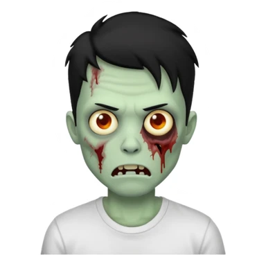 Rosto de frente classico de zombie boca meio torta cabelos pretos no corte low fade com pele verde clara camiseta branca sticker