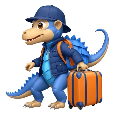 furious monkey in navy puffer jacket, gripping blue origami dinosaur suitcase on wheels, orange Jurassic Park cap, Android emoji style sticker