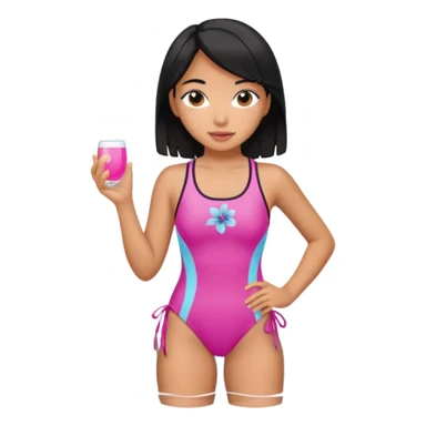 Hawaiian girl with black hair with pink highlights and a swimsuit sticker