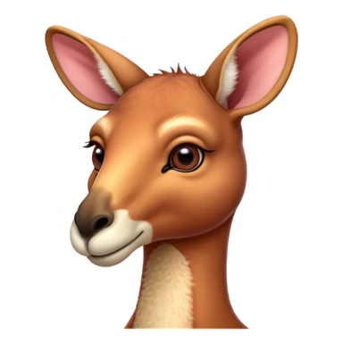 Cinematic Cute Adult Red Kangaroo Portrait Emoji, Head tilted playfully and inquisitively, showcasing a charming, robust build with soft reddish fur and a uniquely camel-like head featuring a gentle, elongated snout and rounded ears, with large, sparkling eyes full of wonder, Simplified yet irresistibly adorable features, highly detailed, glowing with a warm, friendly glow, high shine, affectionate and lively, stylized with a touch of outback whimsy, soft glowing outline, capturing the essence of a mischievous yet loving kangaroo that seems as if it could hop out of the screen into your arms! sticker