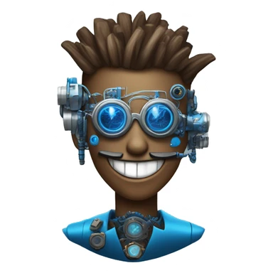 Brown cyborg head with blue Mohawk, blue beard, silver steampunk monocle goggles a smile and circuits sticker