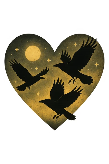  heart with yellow night sky and dark ravens, remove background sticker