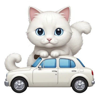 Please create a small emoji the size of 🚗 featuring a pure white cat with stubby tail with blue eyes on a white saloon car viewed from side. Again it is necessary that the emoji must be extremely small, much smaller than a standard sized sticker. sticker