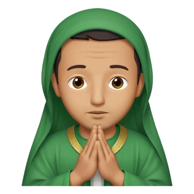 an Algerian man praying, dressed in green with a djellaba sticker