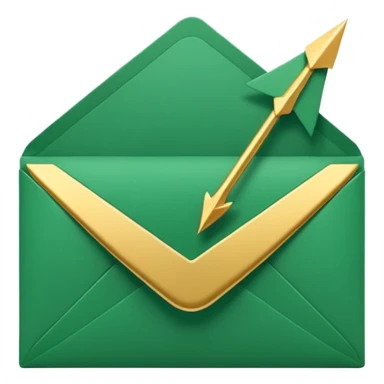 3D minimal envelope icon slightly open with subtle upward arrow coming out, matte finish, deep green (#0B3D2C), gold (#C9B037) arrow accent, Apple style, ultra sleek and clean, soft shadow, transparent background sticker