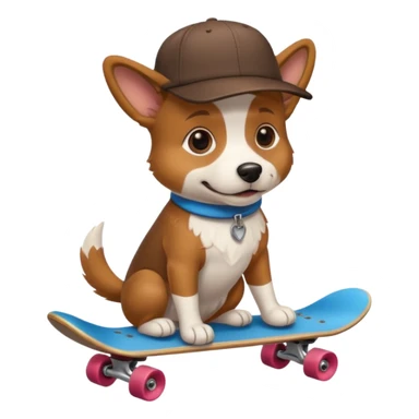 Dog siting down on a skateboard with a hat on backwords sticker