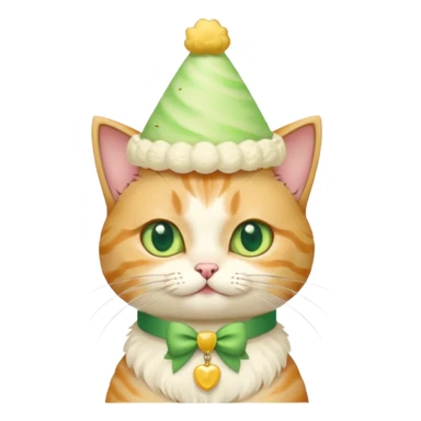 cat wearing a creamy cake hat with fun necklace around his neck and a yellow bow in the middle sticker