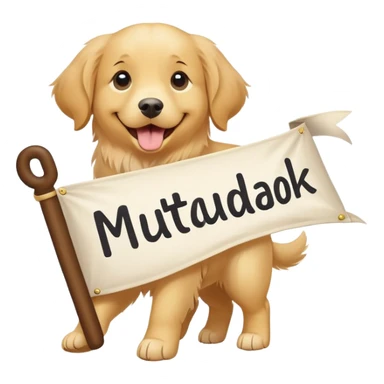 A cute and happy dog carrying long banner with word "MutualBook" sticker