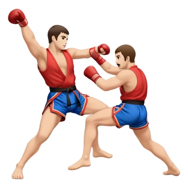 An icon symbolizing Sambo, featuring two fighters in blue and red kimonos with shorts. One executes a powerful throw, while the other attempts a defensive grab. The fighters are engaged in a grapple, using joint locks and sweeps. The background features a wrestling mat/ sticker