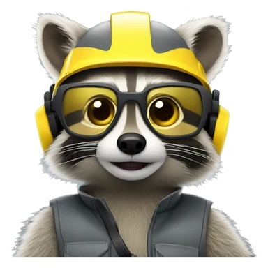 gray raccoon with yellow helmet, safety glasses and yellow ear protectors sticker