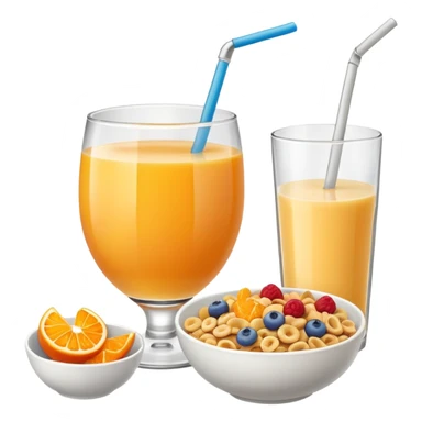 A glass of juice and a bowl with cereals sticker