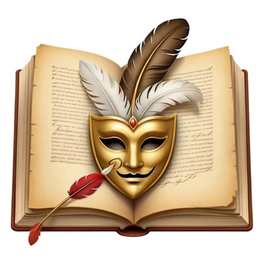 An icon featuring an open book with flowing pages, a feather quill, and classic literary symbols like a theater mask and inkwell. The design includes a subtle parchment background with faint text lines, symbolizing the study of literature. Transparent background emphasizes creativity and analysis. sticker