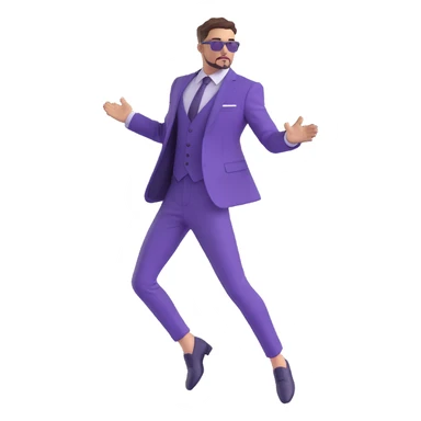 person in a purple suit, dynamic pose, fashionable, clean design sticker