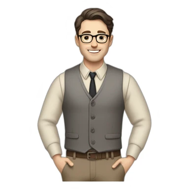 Full height Pale skinned Fit Man With dark brown hair in gray jacket, vest, tie, beige office shirt, Brown pants and vintage glasses. Thrumbs of his palms directed up sticker