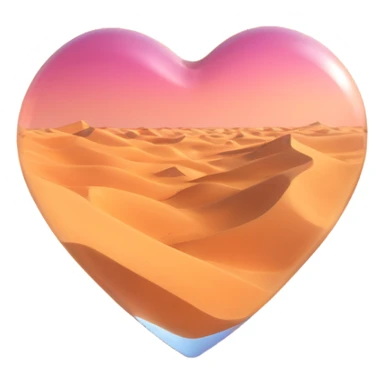 3D emoji style glass heart, interior shows empty desert sand dunes, no vegetation, ultra-realistic glass texture sticker