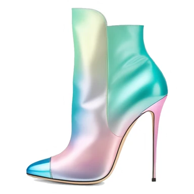 Realistic isolated top front view of a pair of metalliic tiffany blue to pastel pink ombre Jimmy Choo peep toe stiletto ankle booties. sticker
