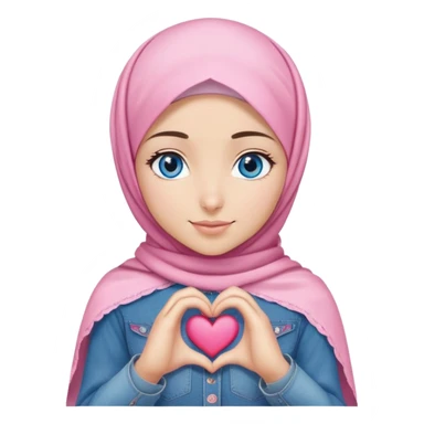 Turkish beautiful finish Konya girl blue eyes with denim and pink hijab islamic dress and making heart with hands and with thank you text sticker