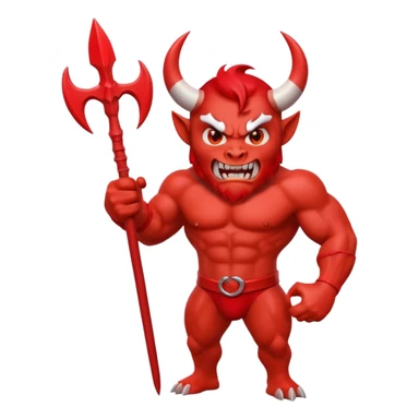 Red devil emoji, 3D cartoon style, muscular body, bright red skin, big curved white horns, angry face, sharp teeth smile, holding red trident, glossy emoji texture, centered character, GREEN SCREEN BACKGROUND, solid green color sticker
