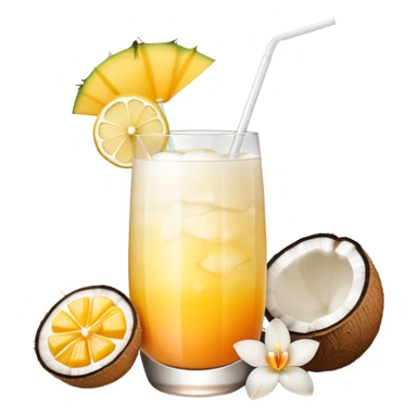 A beautiful cocktail with a creamy white to orange gradient, containing coconut juice and mango, reminiscent of summer. Above, there are tropical flowers, lemon slices, and straws. sticker