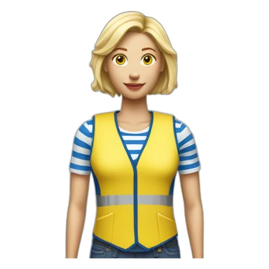Ikea coworker blond woman blue stripes t-shirt and yellow security vest sticker