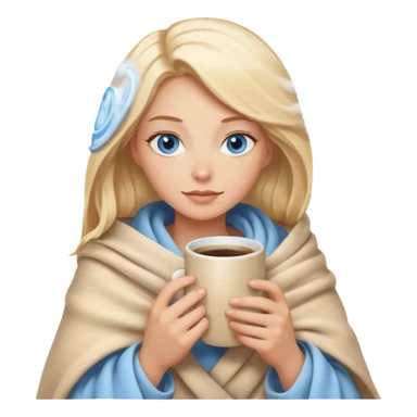 Blonde with blue eyes wrapped up in a cozy blanket with a hot coffee sticker